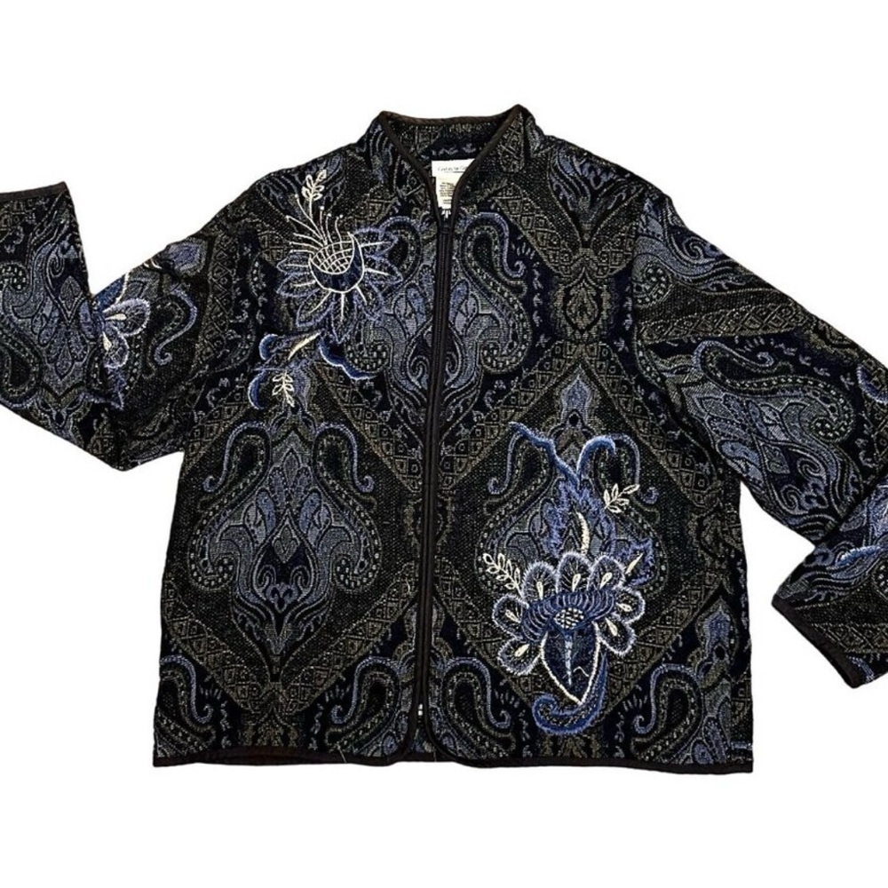 Coldwater Creek Blue Embroidered Paisley Tapestry Jacket Sz 12 P Art to wear - Picture 4 of 5